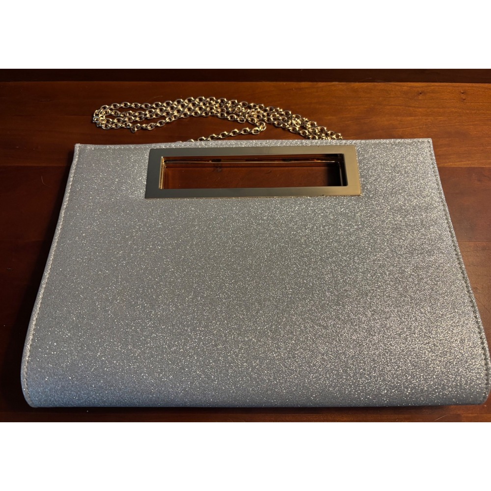 Lisi Lerch Silver Glitter Clutch Bag Gold Handle Detachable Chain Evening Bag